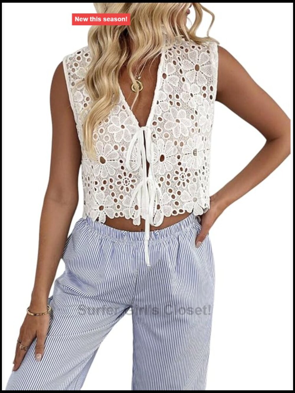 Women's Eyelet Crochet Vest Embroidered Tie Front Tank Top